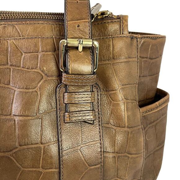 Perlina Womens Brown Croc Embossed Leather Double Handle Shoulder Bag Purse - Picture 8 of 16